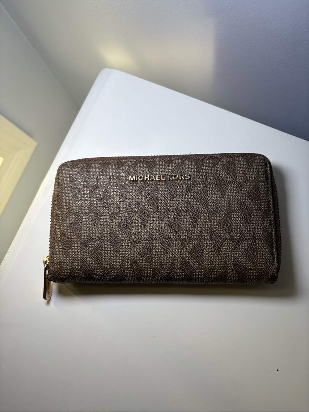 Michael Kors Brown MK Logo Zip Wallet with Gold Hardware